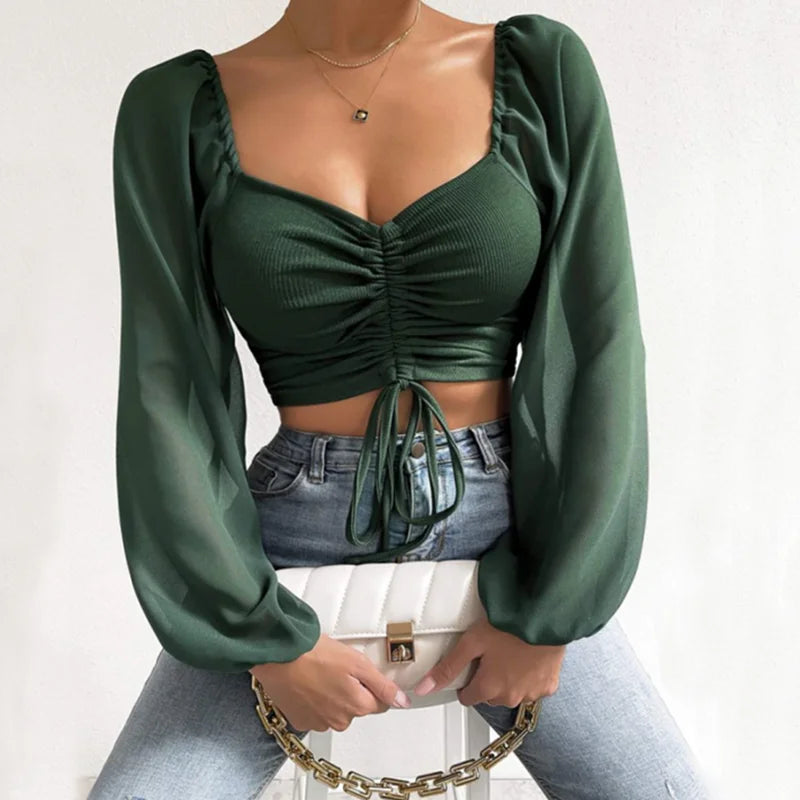 Women's Sexy V-Neck Off-Shoulder Blouse with Drawstring Bandage Detail Long Sleeve Summer Top Stylish Korean-Inspired Short Shirt