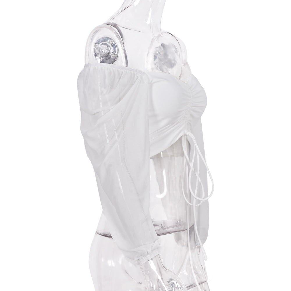 Women's Sexy V-Neck Off-Shoulder Blouse with Drawstring Bandage Detail Long Sleeve Summer Top Stylish Korean-Inspired Short Shirt