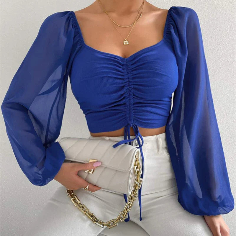 Women's Sexy V-Neck Off-Shoulder Blouse with Drawstring Bandage Detail Long Sleeve Summer Top Stylish Korean-Inspired Short Shirt