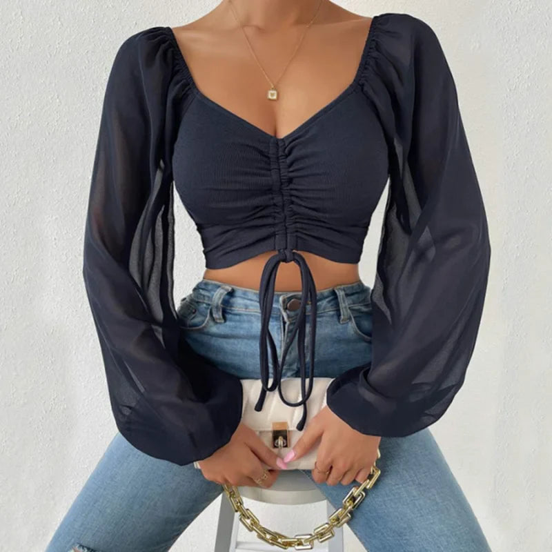 Women's Sexy V-Neck Off-Shoulder Blouse with Drawstring Bandage Detail Long Sleeve Summer Top Stylish Korean-Inspired Short Shirt