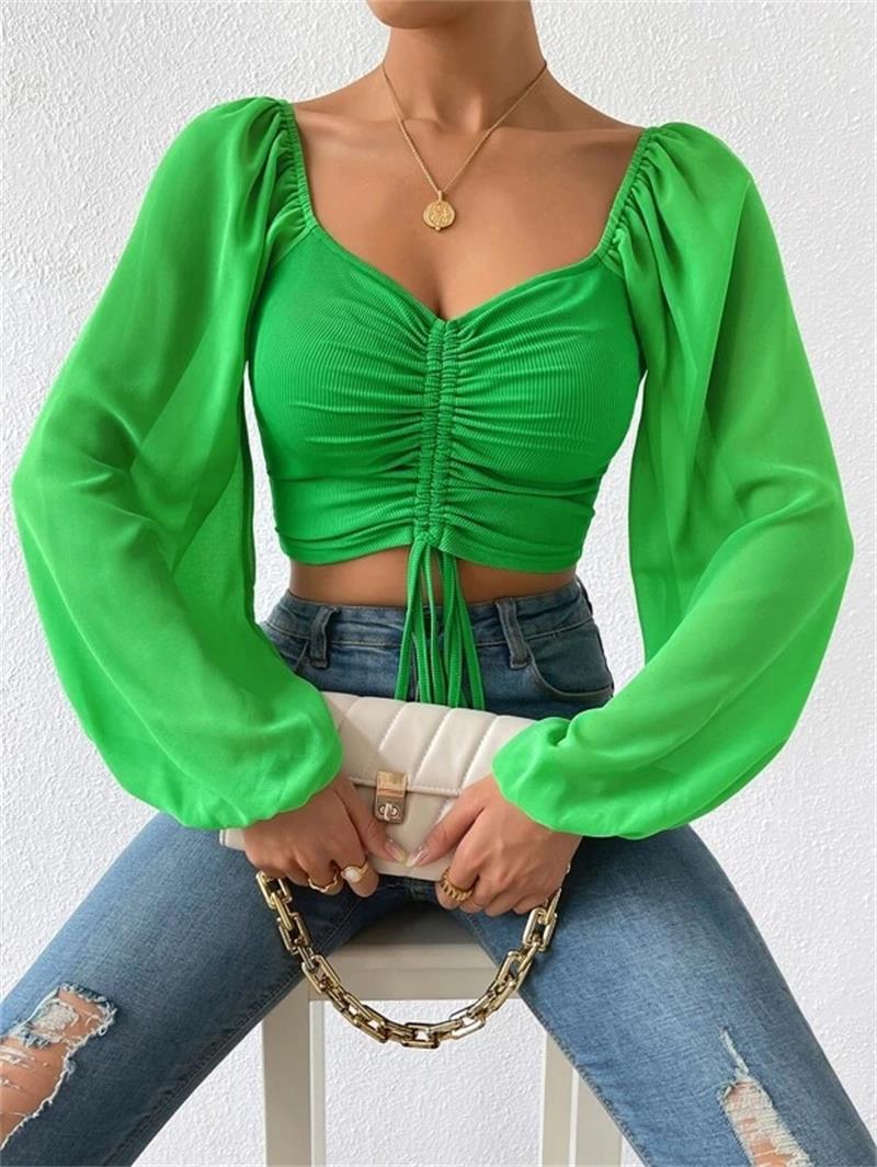Women's Sexy V-Neck Off-Shoulder Blouse with Drawstring Bandage Detail Long Sleeve Summer Top Stylish Korean-Inspired Short Shirt
