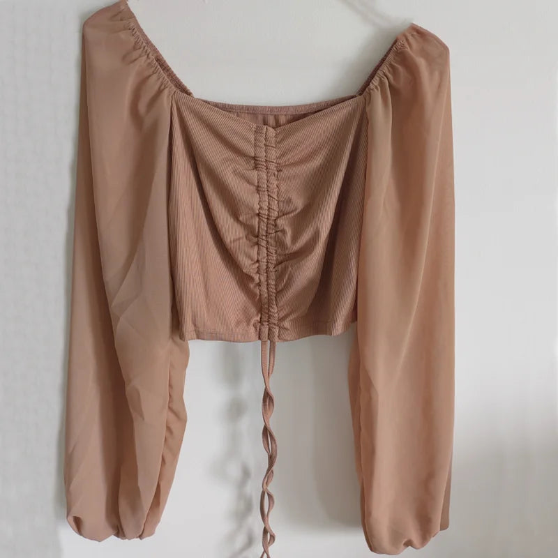 Women's Sexy V-Neck Off-Shoulder Blouse with Drawstring Bandage Detail Long Sleeve Summer Top Stylish Korean-Inspired Short Shirt