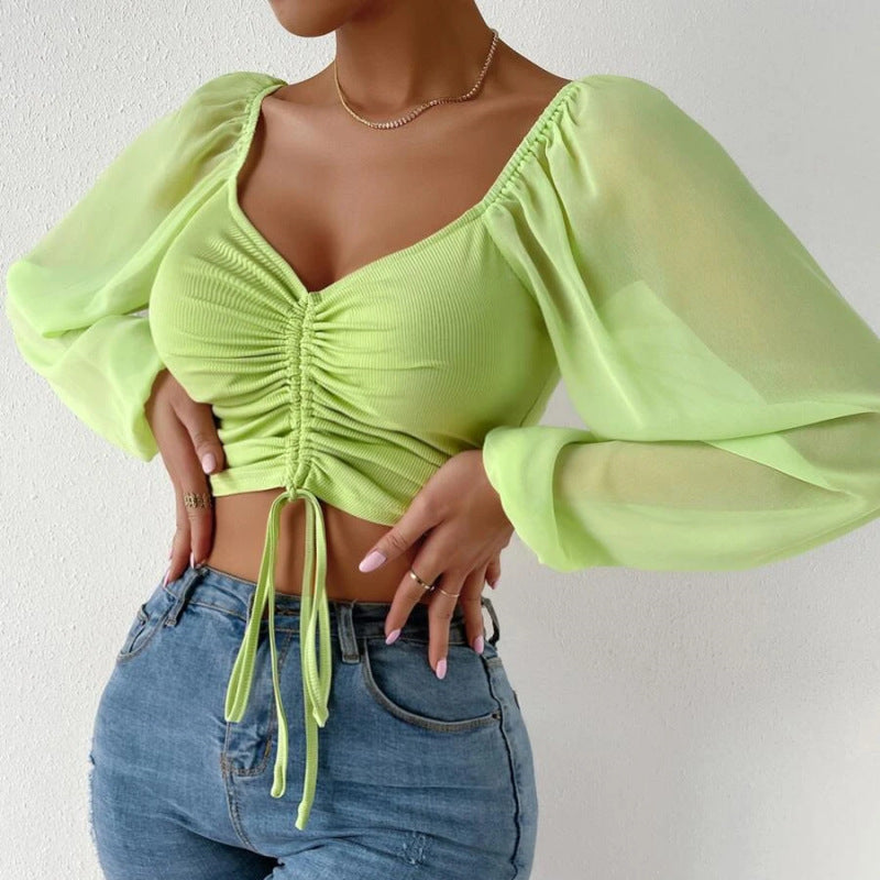Women's Sexy V-Neck Off-Shoulder Blouse with Drawstring Bandage Detail Long Sleeve Summer Top Stylish Korean-Inspired Short Shirt
