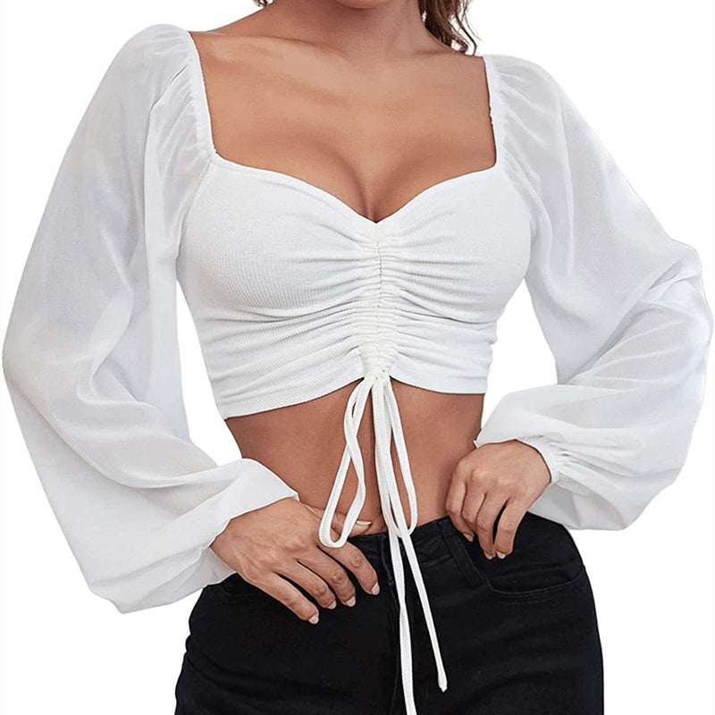 Women's Sexy V-Neck Off-Shoulder Blouse with Drawstring Bandage Detail Long Sleeve Summer Top Stylish Korean-Inspired Short Shirt