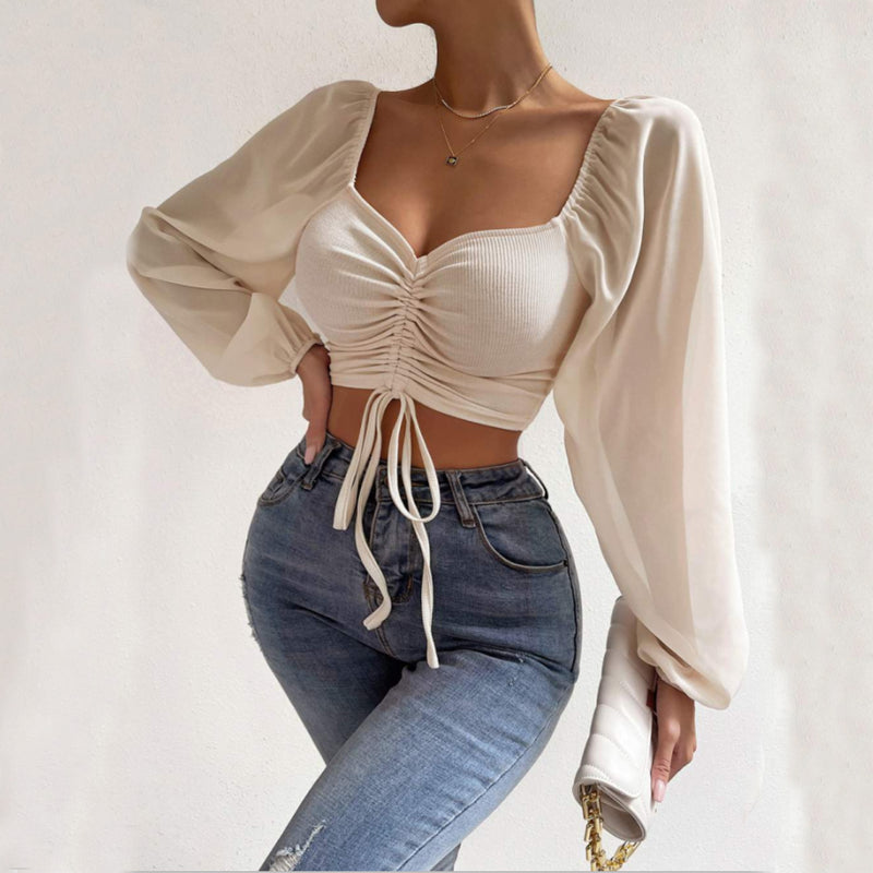 Women's Sexy V-Neck Off-Shoulder Blouse with Drawstring Bandage Detail Long Sleeve Summer Top Stylish Korean-Inspired Short Shirt