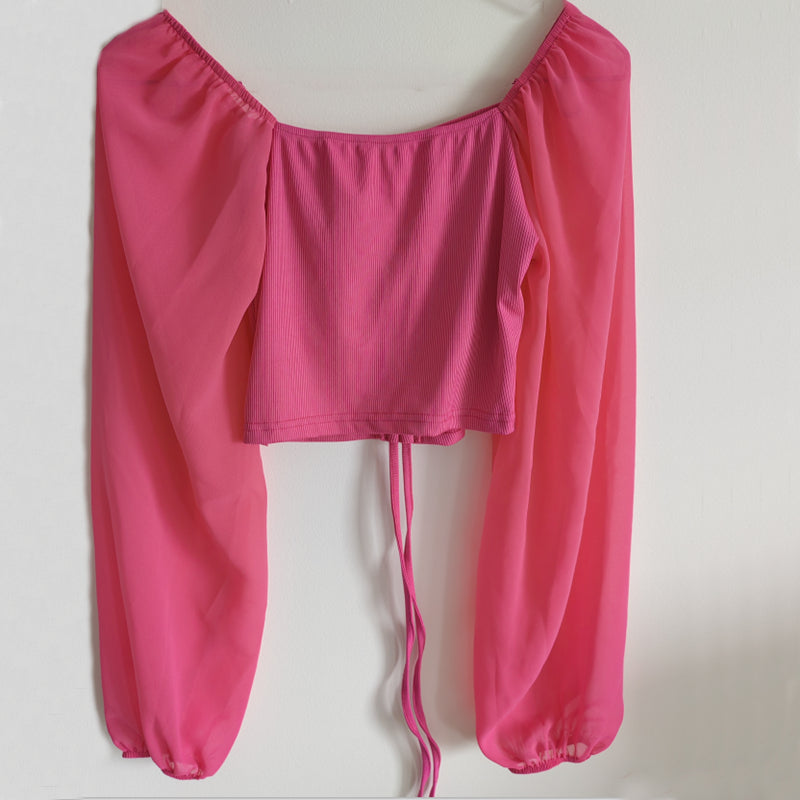 Women's Sexy V-Neck Off-Shoulder Blouse with Drawstring Bandage Detail Long Sleeve Summer Top Stylish Korean-Inspired Short Shirt