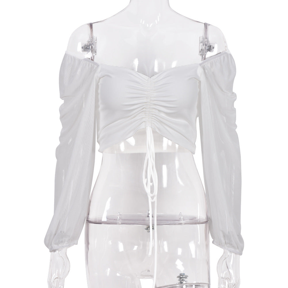 Women's Sexy V-Neck Off-Shoulder Blouse with Drawstring Bandage Detail Long Sleeve Summer Top Stylish Korean-Inspired Short Shirt