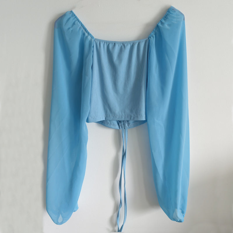 Women's Sexy V-Neck Off-Shoulder Blouse with Drawstring Bandage Detail Long Sleeve Summer Top Stylish Korean-Inspired Short Shirt