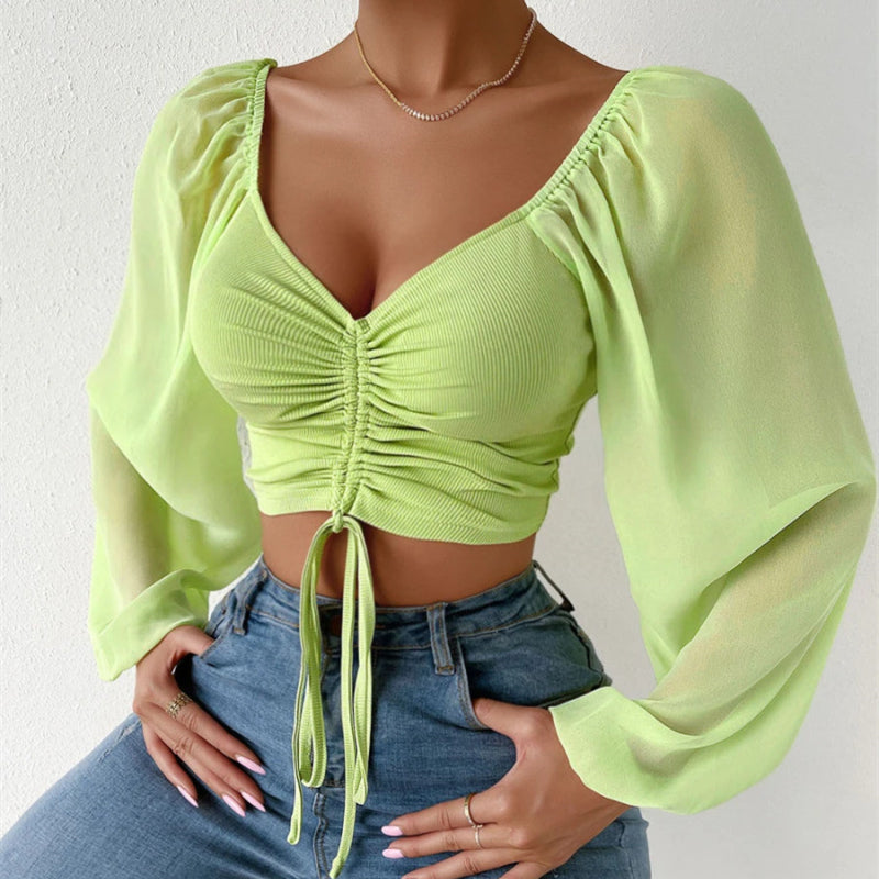 Women's Sexy V-Neck Off-Shoulder Blouse with Drawstring Bandage Detail Long Sleeve Summer Top Stylish Korean-Inspired Short Shirt