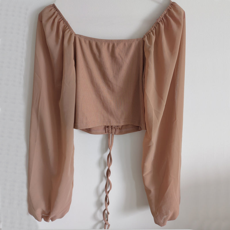 Women's Sexy V-Neck Off-Shoulder Blouse with Drawstring Bandage Detail Long Sleeve Summer Top Stylish Korean-Inspired Short Shirt