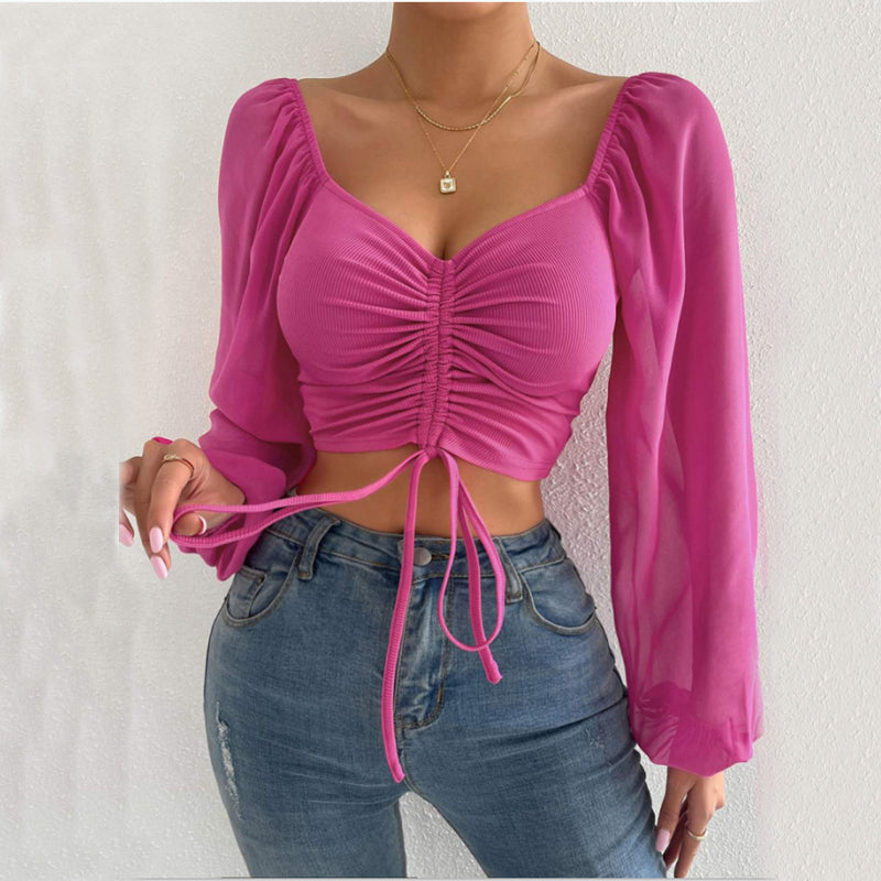 Women's Sexy V-Neck Off-Shoulder Blouse with Drawstring Bandage Detail Long Sleeve Summer Top Stylish Korean-Inspired Short Shirt