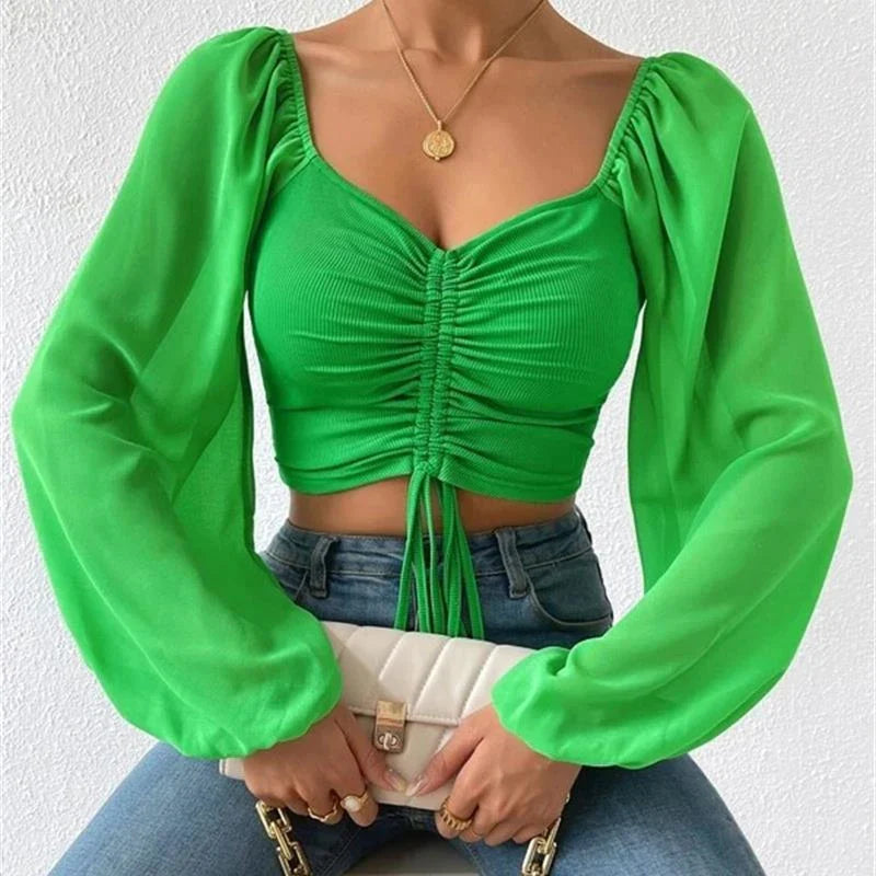 Women's Sexy V-Neck Off-Shoulder Blouse with Drawstring Bandage Detail Long Sleeve Summer Top Stylish Korean-Inspired Short Shirt