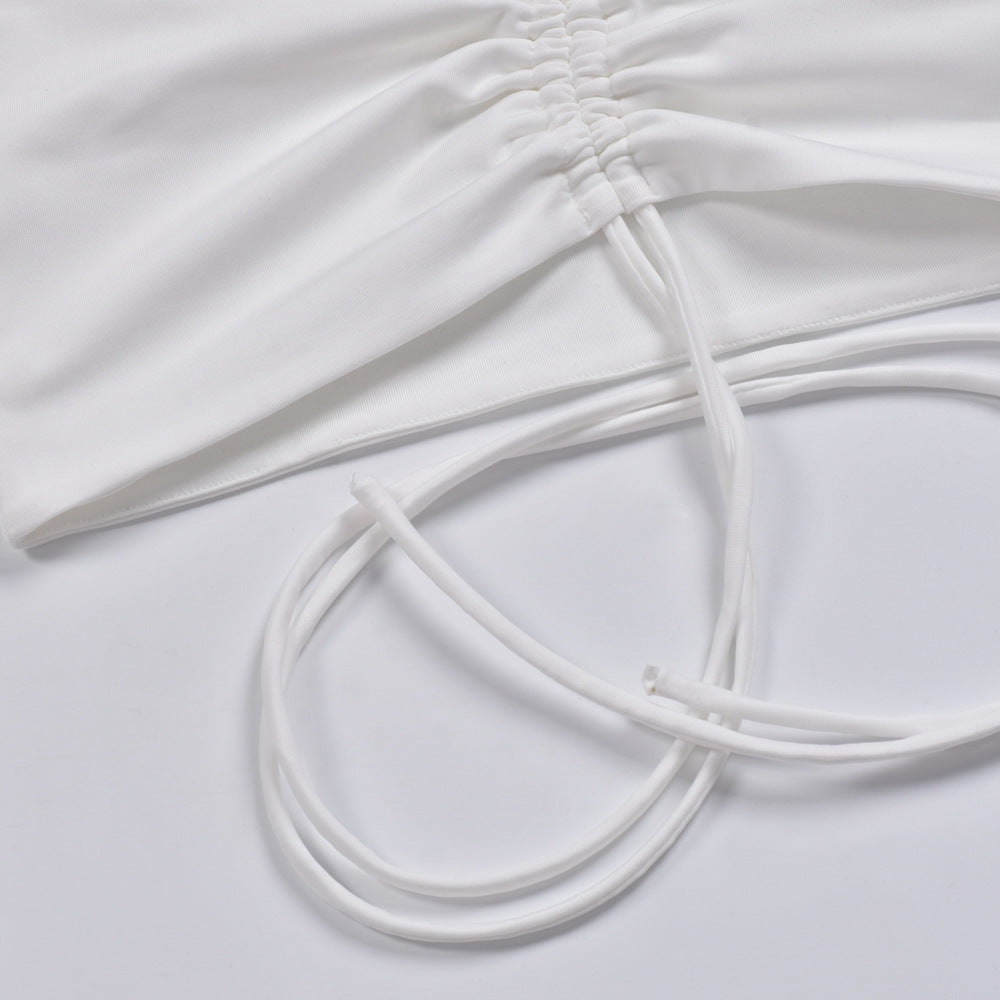 Women's Sexy V-Neck Off-Shoulder Blouse with Drawstring Bandage Detail Long Sleeve Summer Top Stylish Korean-Inspired Short Shirt