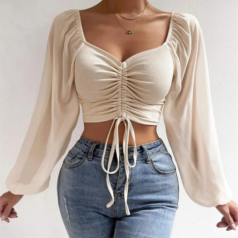 Women's Sexy V-Neck Off-Shoulder Blouse with Drawstring Bandage Detail Long Sleeve Summer Top Stylish Korean-Inspired Short Shirt