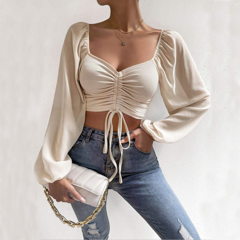 Women's Sexy V-Neck Off-Shoulder Blouse with Drawstring Bandage Detail Long Sleeve Summer Top Stylish Korean-Inspired Short Shirt