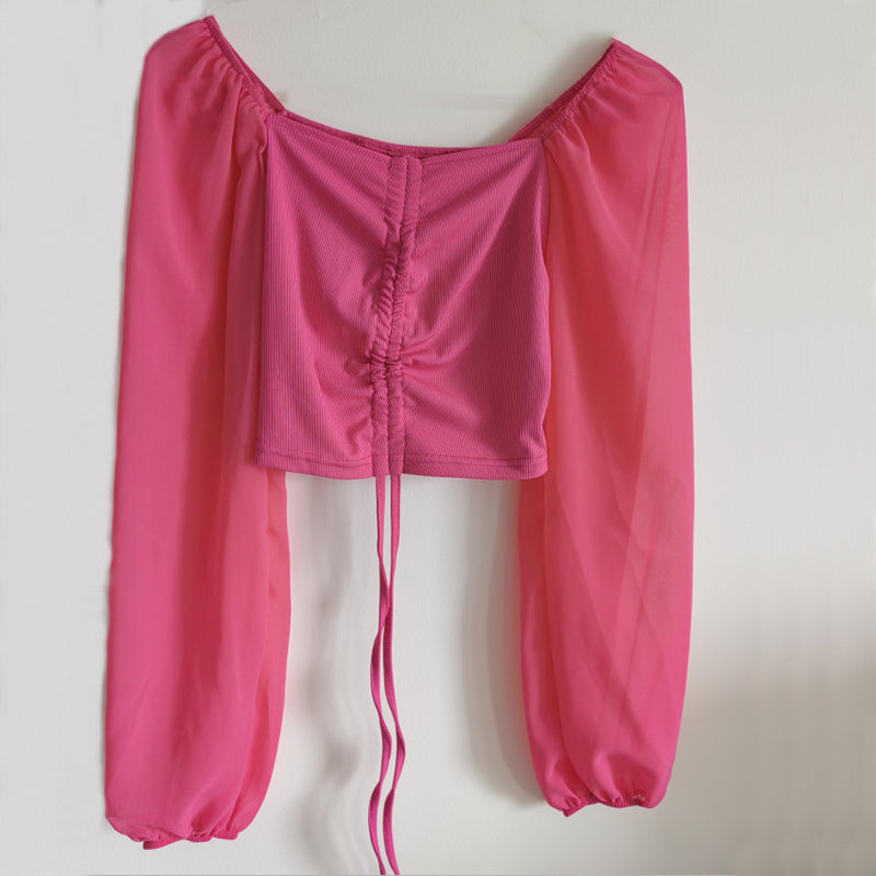 Women's Sexy V-Neck Off-Shoulder Blouse with Drawstring Bandage Detail Long Sleeve Summer Top Stylish Korean-Inspired Short Shirt