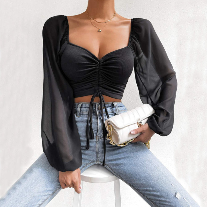 Women's Sexy V-Neck Off-Shoulder Blouse with Drawstring Bandage Detail Long Sleeve Summer Top Stylish Korean-Inspired Short Shirt