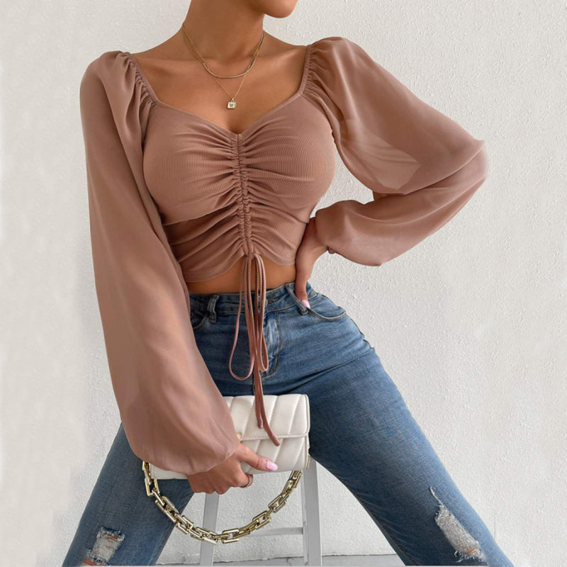 Women's Sexy V-Neck Off-Shoulder Blouse with Drawstring Bandage Detail Long Sleeve Summer Top Stylish Korean-Inspired Short Shirt