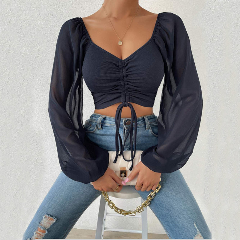 Women's Sexy V-Neck Off-Shoulder Blouse with Drawstring Bandage Detail Long Sleeve Summer Top Stylish Korean-Inspired Short Shirt
