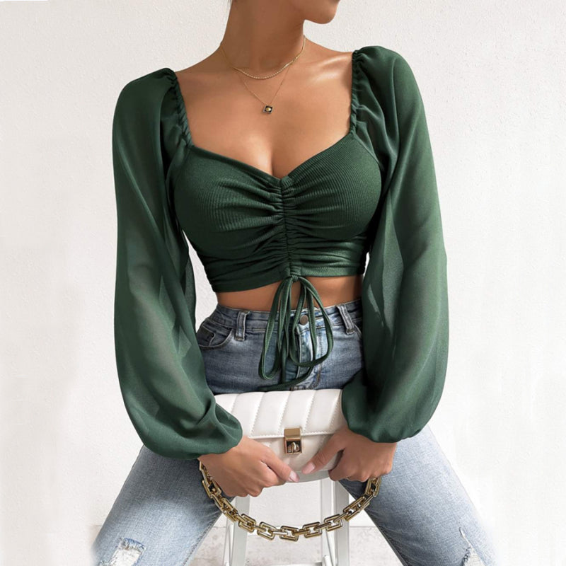Women's Sexy V-Neck Off-Shoulder Blouse with Drawstring Bandage Detail Long Sleeve Summer Top Stylish Korean-Inspired Short Shirt
