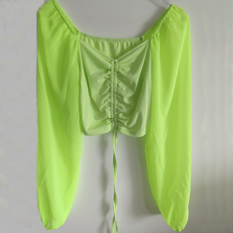 Women's Sexy V-Neck Off-Shoulder Blouse with Drawstring Bandage Detail Long Sleeve Summer Top Stylish Korean-Inspired Short Shirt