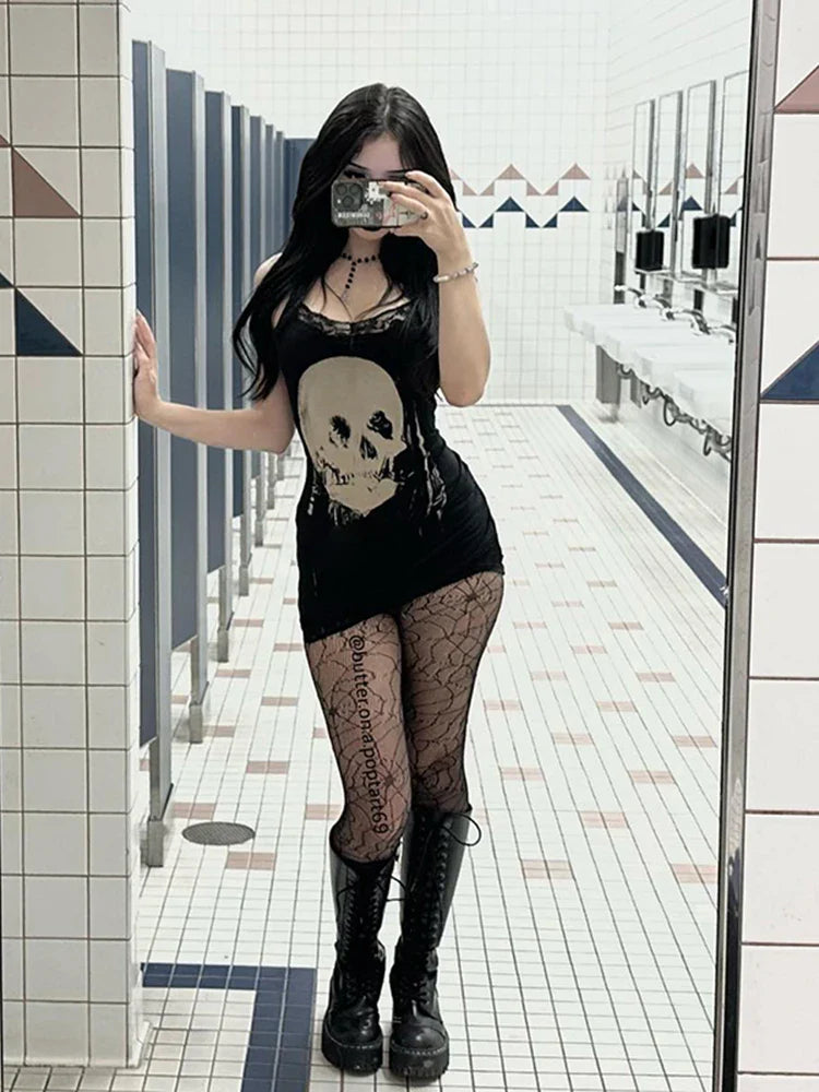Cyberpunk Skull Print Women's Gothic Dress with Sleeveless High Waist Bodycon Fit Harajuku Streetwear Rave Outfit