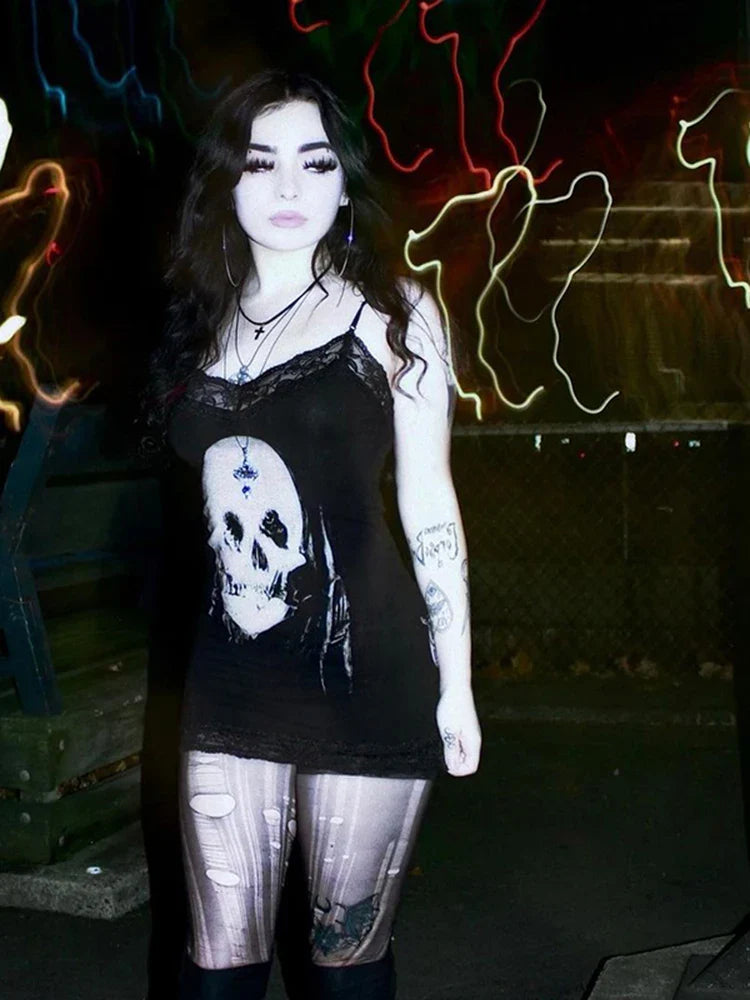 Cyberpunk Skull Print Women's Gothic Dress with Sleeveless High Waist Bodycon Fit Harajuku Streetwear Rave Outfit