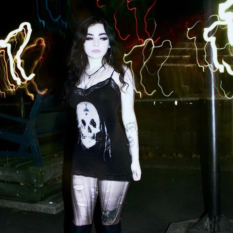 Cyberpunk Skull Print Women's Gothic Dress with Sleeveless High Waist Bodycon Fit Harajuku Streetwear Rave Outfit