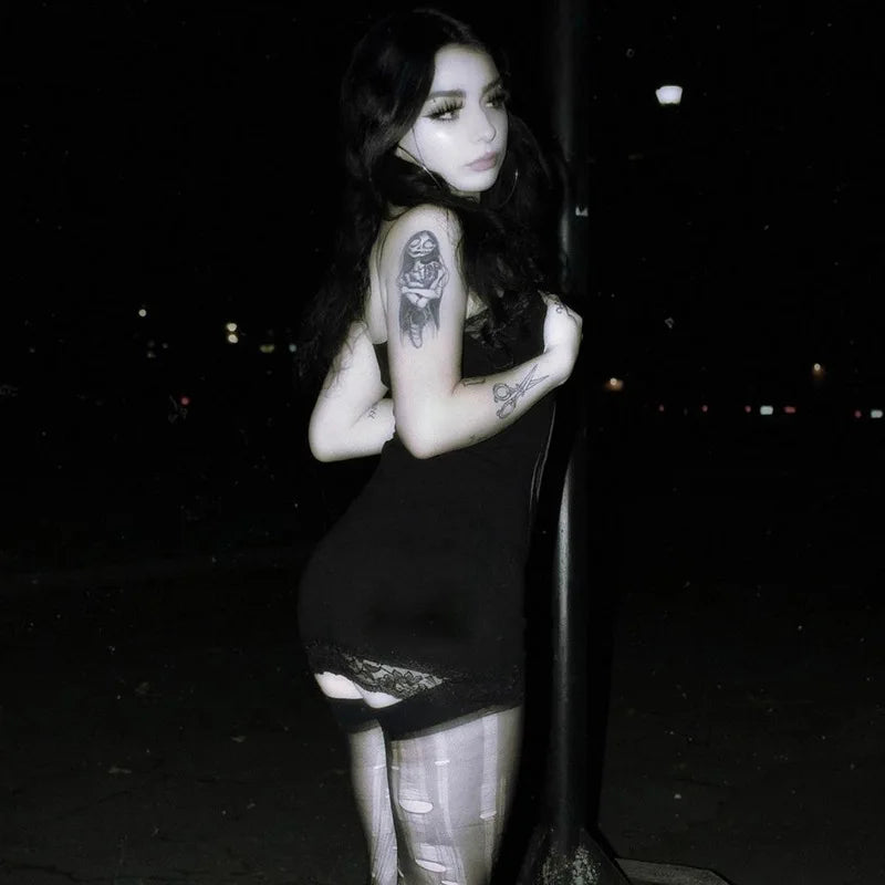 Cyberpunk Skull Print Women's Gothic Dress with Sleeveless High Waist Bodycon Fit Harajuku Streetwear Rave Outfit