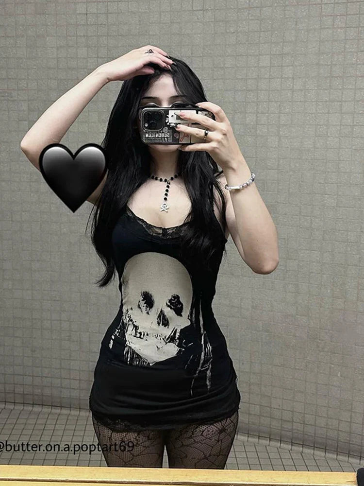 Cyberpunk Skull Print Women's Gothic Dress with Sleeveless High Waist Bodycon Fit Harajuku Streetwear Rave Outfit
