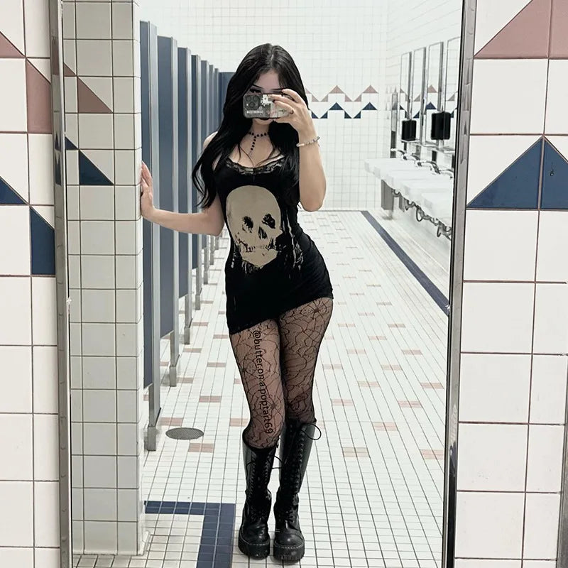 Cyberpunk Skull Print Women's Gothic Dress with Sleeveless High Waist Bodycon Fit Harajuku Streetwear Rave Outfit