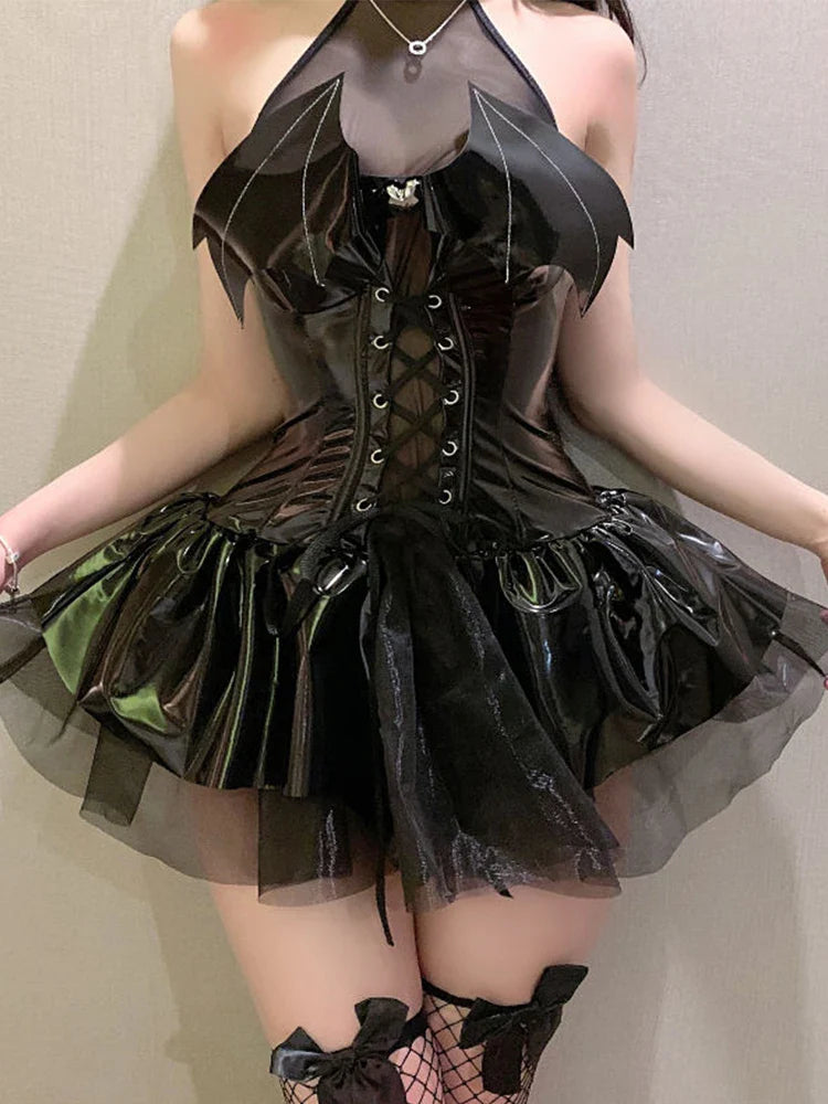 AltGoth Sexy Cosplay PU Dress for Women Harajuku Streetwear Grunge Bandage Hollow Out Bats Dress Punk Y2K E-Girl Gothic Fashion