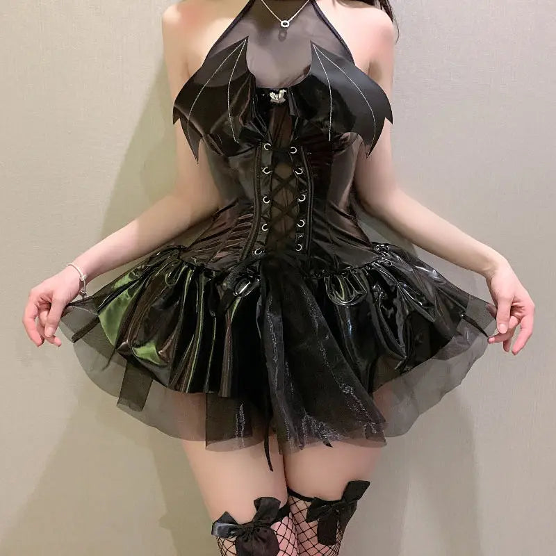 AltGoth Sexy Cosplay PU Dress for Women Harajuku Streetwear Grunge Bandage Hollow Out Bats Dress Punk Y2K E-Girl Gothic Fashion