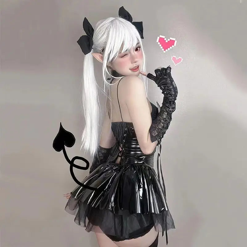 AltGoth Sexy Cosplay PU Dress for Women Harajuku Streetwear Grunge Bandage Hollow Out Bats Dress Punk Y2K E-Girl Gothic Fashion