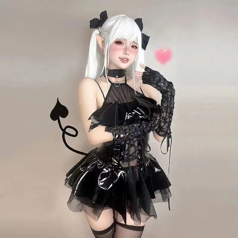 AltGoth Sexy Cosplay PU Dress for Women Harajuku Streetwear Grunge Bandage Hollow Out Bats Dress Punk Y2K E-Girl Gothic Fashion