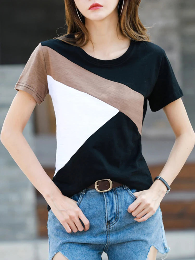 Women's 100% Cotton Short Sleeve O-Neck T-Shirt Loose Fit Casual Patchwork Top High Quality Summer Tee