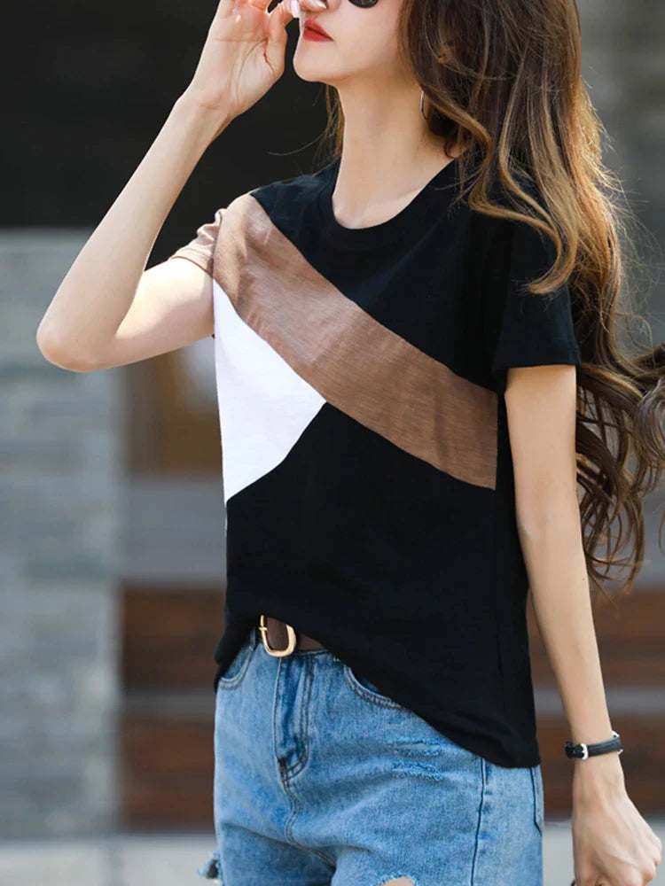 Women's 100% Cotton Short Sleeve O-Neck T-Shirt Loose Fit Casual Patchwork Top High Quality Summer Tee