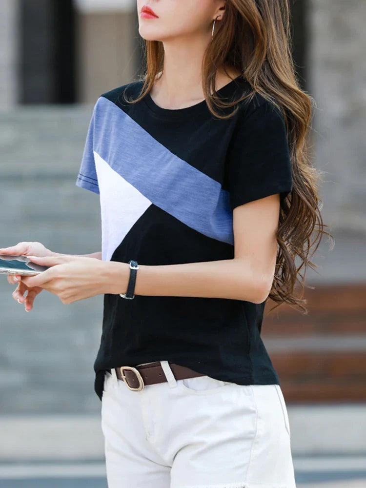 Women's 100% Cotton Short Sleeve O-Neck T-Shirt Loose Fit Casual Patchwork Top High Quality Summer Tee