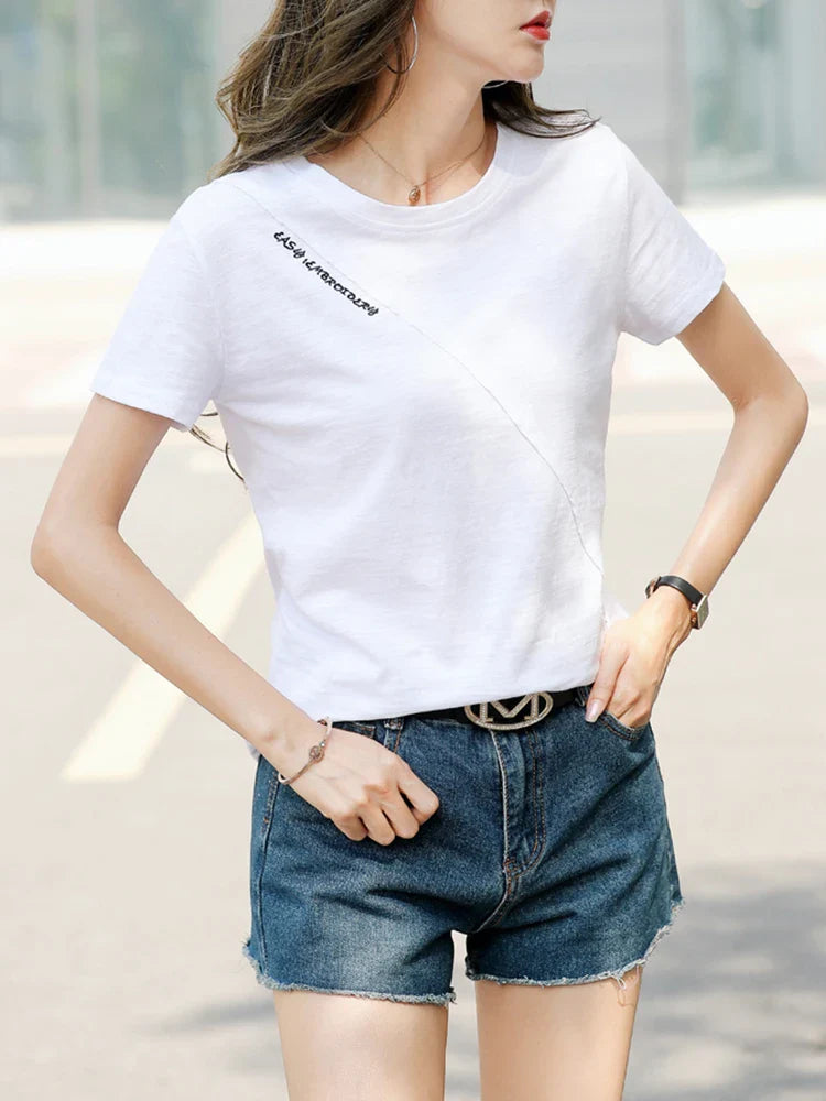 Women's 100% Cotton Short Sleeve O-Neck T-Shirt Loose Fit Casual Patchwork Top High Quality Summer Tee