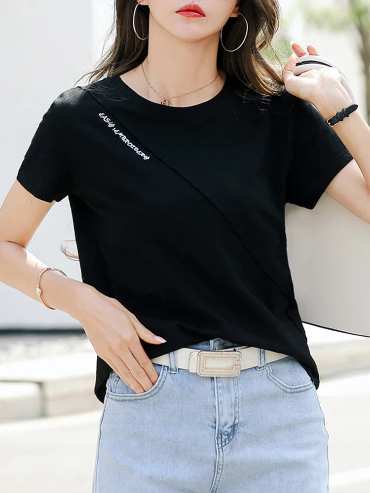 Women's 100% Cotton Short Sleeve O-Neck T-Shirt Loose Fit Casual Patchwork Top High Quality Summer Tee