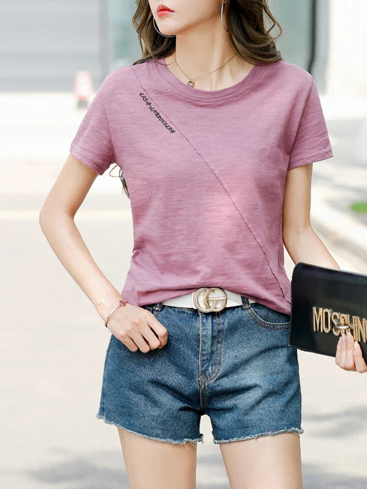 Women's 100% Cotton Short Sleeve O-Neck T-Shirt Loose Fit Casual Patchwork Top High Quality Summer Tee