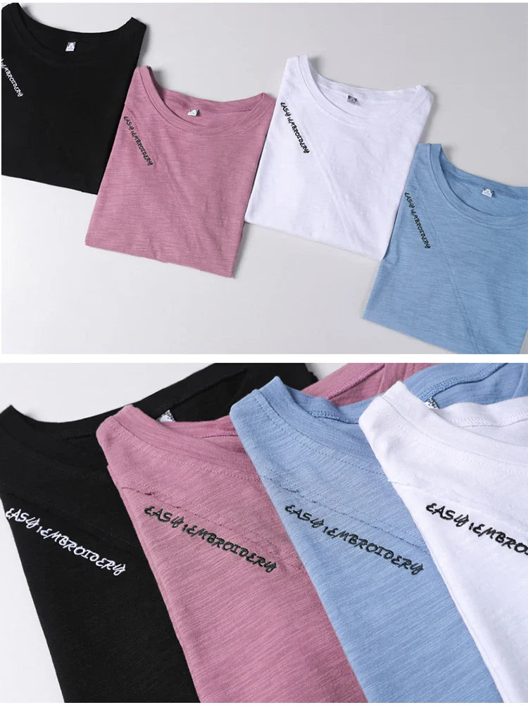 Women's 100% Cotton Short Sleeve O-Neck T-Shirt Loose Fit Casual Patchwork Top High Quality Summer Tee