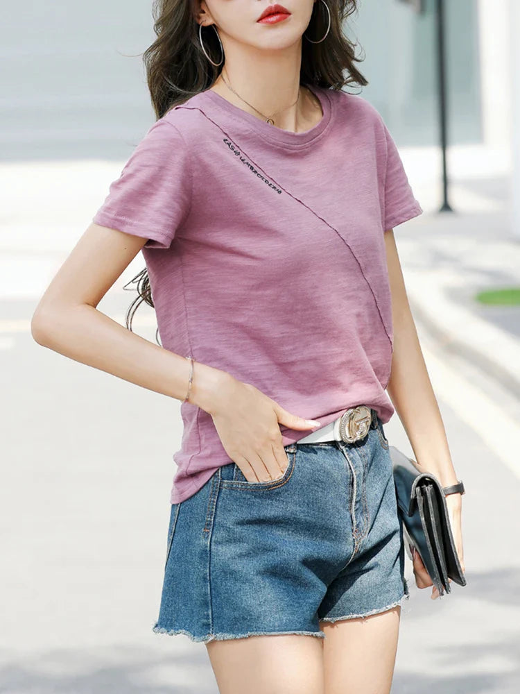 Women's 100% Cotton Short Sleeve O-Neck T-Shirt Loose Fit Casual Patchwork Top High Quality Summer Tee