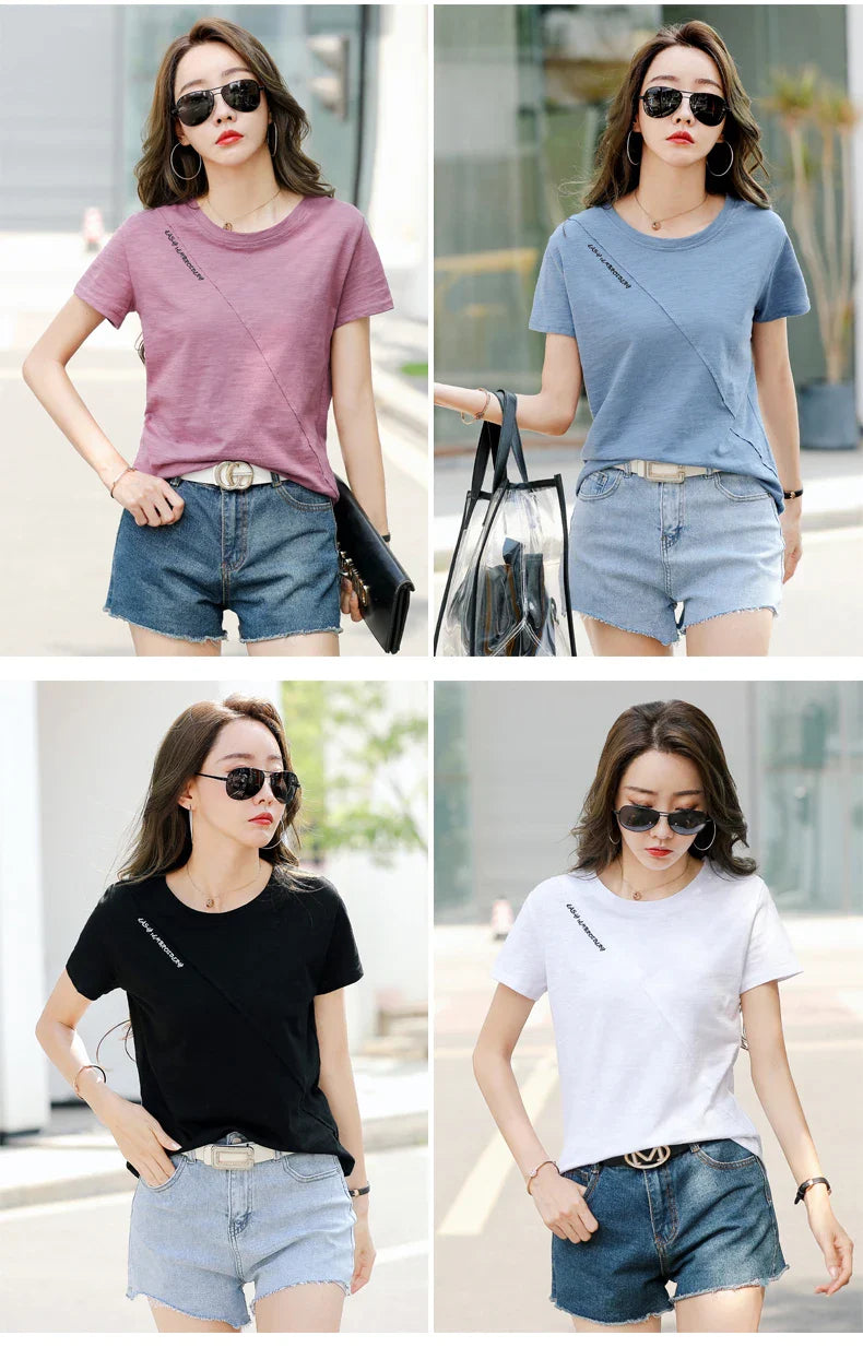 Women's 100% Cotton Short Sleeve O-Neck T-Shirt Loose Fit Casual Patchwork Top High Quality Summer Tee