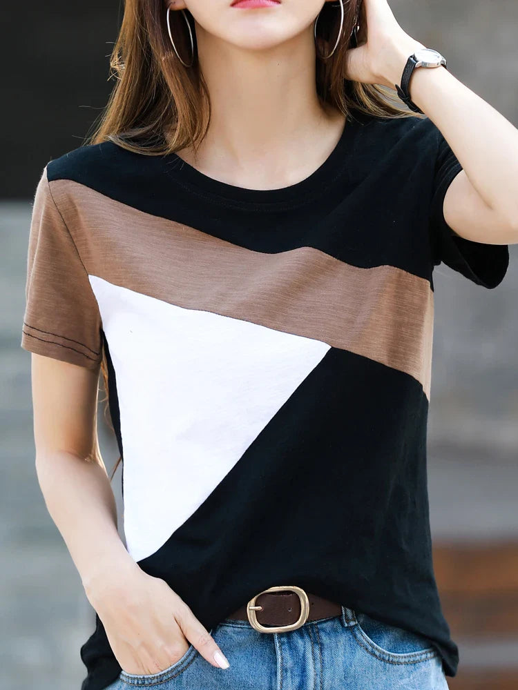 Women's 100% Cotton Short Sleeve O-Neck T-Shirt Loose Fit Casual Patchwork Top High Quality Summer Tee
