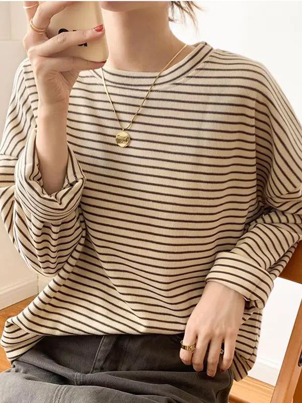 100% Cotton Striped Long Sleeve T Shirt for Women Loose Fit Soft Khaki Basic Casual Tee Summer Top