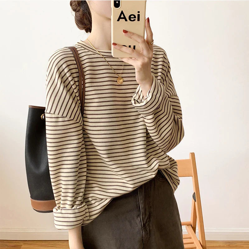 100% Cotton Striped Long Sleeve T Shirt for Women Loose Fit Soft Khaki Basic Casual Tee Summer Top