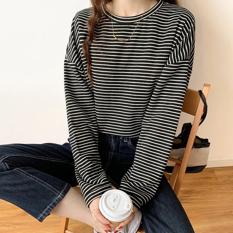 100% Cotton Striped Long Sleeve T Shirt for Women Loose Fit Soft Khaki Basic Casual Tee Summer Top