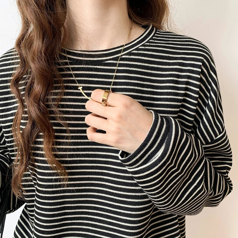 100% Cotton Striped Long Sleeve T Shirt for Women Loose Fit Soft Khaki Basic Casual Tee Summer Top