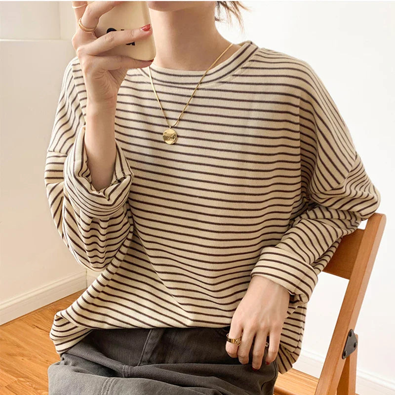 100% Cotton Striped Long Sleeve T Shirt for Women Loose Fit Soft Khaki Basic Casual Tee Summer Top